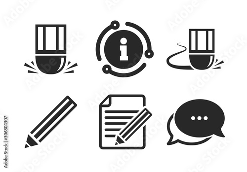 Edit document file. Chat, info sign. Pencil icon. Eraser sign. Correct drawing symbol. Classic style speech bubble icon. Vector
