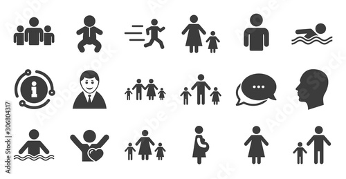 Set of People and Family icons. Information, chat bubble icon. Swimming pool, Love and Children signs. Mother, Father and Pregnant woman symbols. Quality set. Vector
