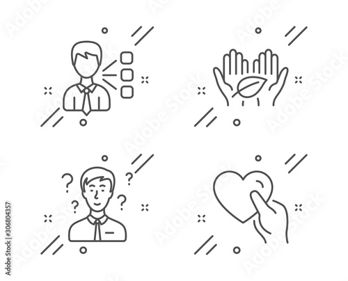 Third party, Fair trade and Support consultant line icons set. Hold heart sign. Team leader, Safe nature, Question mark. Friendship. People set. Line third party outline icon. Vector
