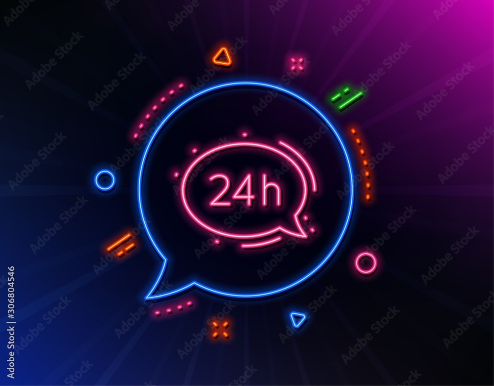 24 hour service line icon. Neon laser lights. Call support sign. Feedback chat symbol. Glow laser speech bubble. Neon lights chat bubble. Banner badge with 24h service icon. Vector