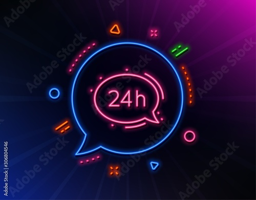 24 hour service line icon. Neon laser lights. Call support sign. Feedback chat symbol. Glow laser speech bubble. Neon lights chat bubble. Banner badge with 24h service icon. Vector