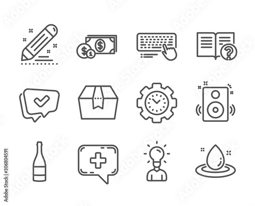 Set of Business icons, such as Brand contract, Time management, Medical chat, Champagne bottle, Computer keyboard, Education, Speakers, Dollar money, Help, Package box, Fuel energy. Vector