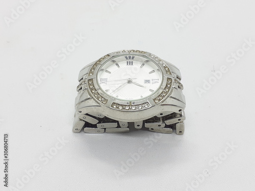 Elegant Luxury Modern Classic Silver Metallic Hand Wrist Watch in White Isolated Background