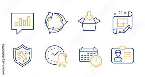 Architect plan, Recycle and Spanner line icons set. Alarm bell, Get box and Analytical chat signs. Calendar, Identification card symbols. Engineering plan, Recycling waste. Technology set. Vector