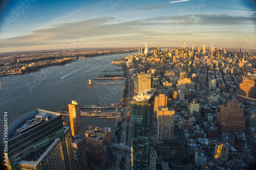 New York City aerial with skyscrapers at sunset