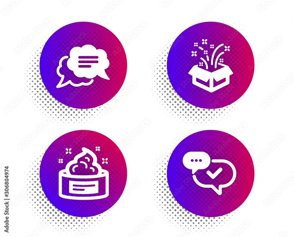 Text message, Gift and Skin cream icons simple set. Halftone dots button. Approved sign. Chat bubble, New year, Medical cosmetic. Chat message. Business set. Classic flat text message icon. Vector