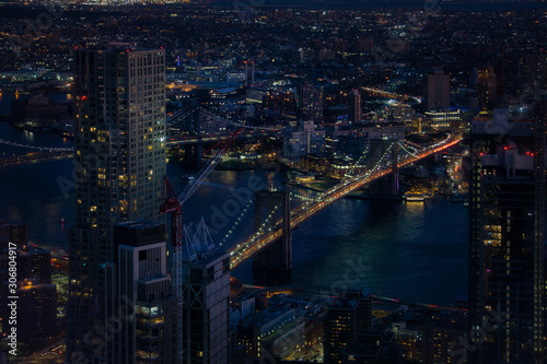 New York City aerial with skyscrapers at night