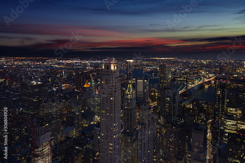 New York City aerial with skyscrapers at sunset