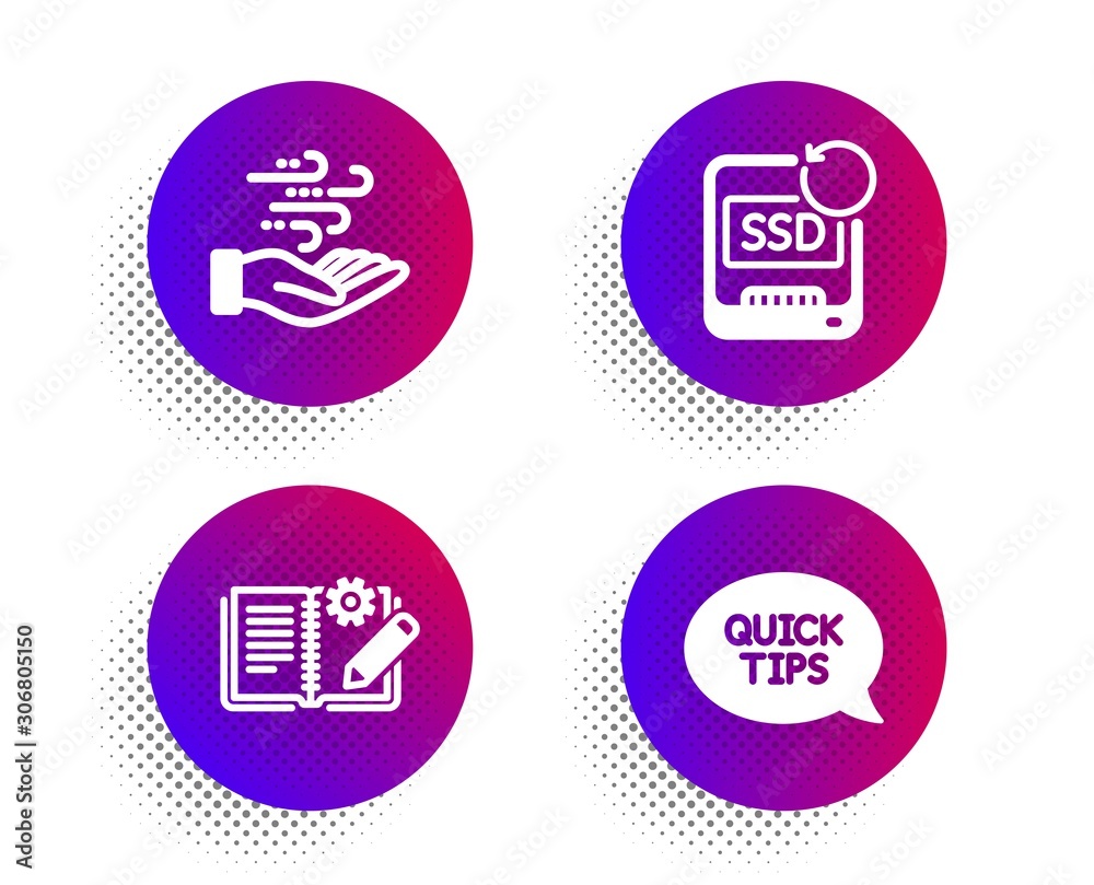 Recovery ssd, Wind energy and Engineering documentation icons simple set. Halftone dots button. Quickstart guide sign. Backup info, Breeze power, Manual. Helpful tricks. Science set. Vector Recovery ssd, Wind energy and Engineering documentation icons simple set. Halftone dots button. Quickstart guide sign. Backup info, Breeze power, Manual. Helpful tricks. Science set. Vector