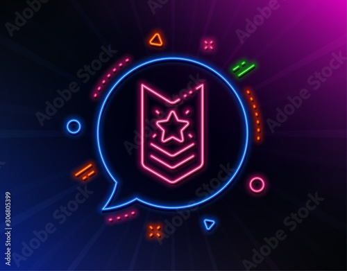 Shoulder strap stars line icon. Neon laser lights. Star award sign. Best rank symbol. Glow laser speech bubble. Neon lights chat bubble. Banner badge with shoulder strap icon. Vector