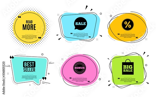 Read More symbol. Best seller, quote text. Navigation sign. Get description info. Quotation bubble. Banner badge, texting quote boxes. Read more text. Coupon offer. Vector