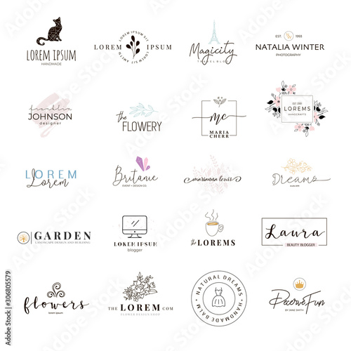 Feminine logo designs. Premade logo templates for business. Simple logo set