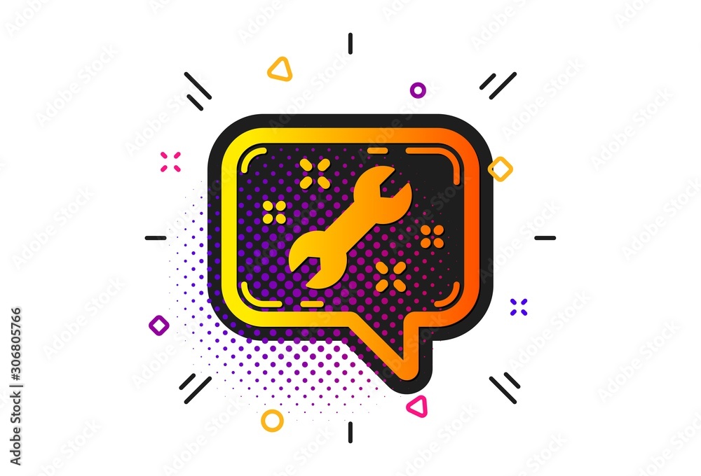 Repair service chat sign. Halftone circles pattern. Spanner tool icon. Fix instruments symbol. Classic flat spanner icon. Vector Repair service chat sign. Halftone circles pattern. Spanner tool icon. Fix instruments symbol. Classic flat spanner icon. Vector