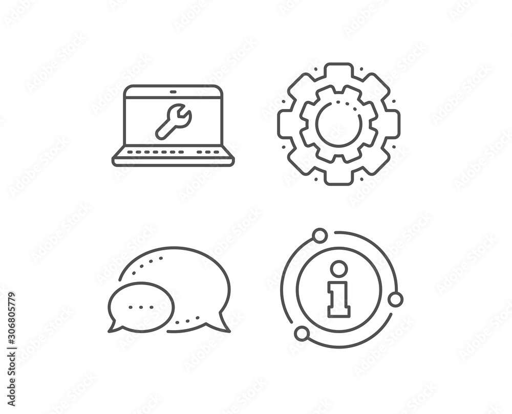 Spanner tool line icon. Chat bubble, info sign elements. Laptop repair service sign. Fix instruments symbol. Linear laptop repair outline icon. Information bubble. Vector Spanner tool line icon. Chat bubble, info sign elements. Laptop repair service sign. Fix instruments symbol. Linear laptop repair outline icon. Information bubble. Vector