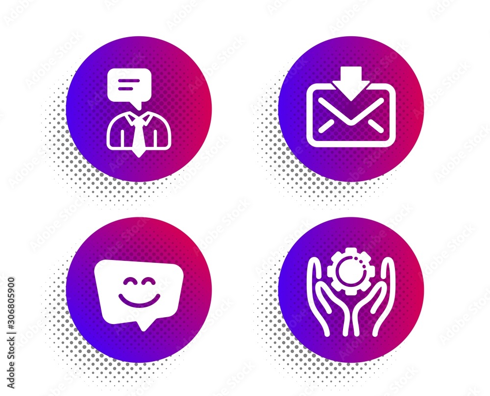 Incoming mail, Support service and Smile face icons simple set. Halftone dots button. Employee hand sign. Download message, Human talking, Chat. Work gear. Technology set. Vector