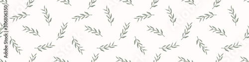 Watercolor Stem Leaf Motif Banner Background. Seamless Pattern Sage Green on ...