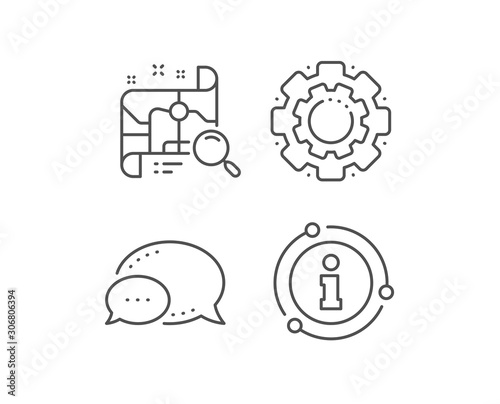 Search map line icon. Chat bubble, info sign elements. Find location address sign. Linear search map outline icon. Information bubble. Vector