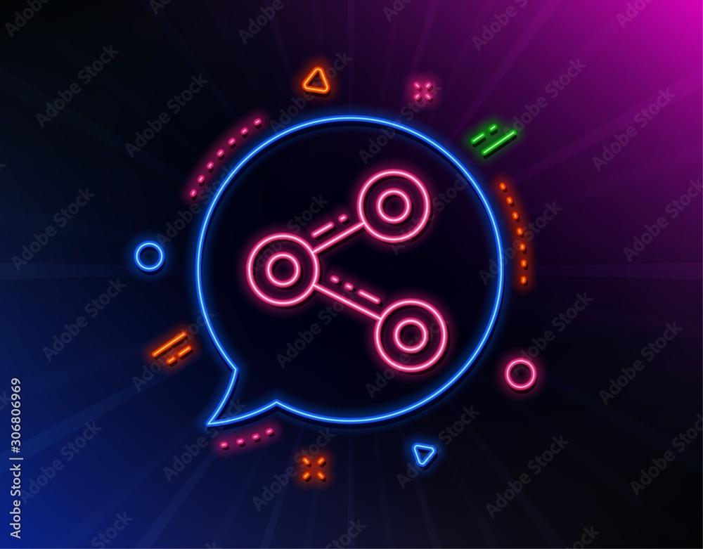 Share line icon. Neon laser lights. Social media sign. Follow symbol. Glow laser speech bubble. Neon lights chat bubble. Banner badge with share icon. Vector Share line icon. Neon laser lights. Social media sign. Follow symbol. Glow laser speech bubble. Neon lights chat bubble. Banner badge with share icon. Vector