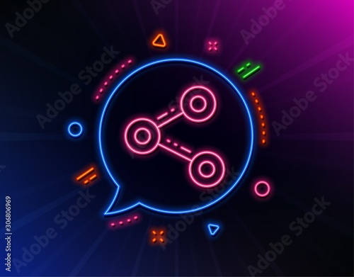 Share line icon. Neon laser lights. Social media sign. Follow symbol. Glow laser speech bubble. Neon lights chat bubble. Banner badge with share icon. Vector