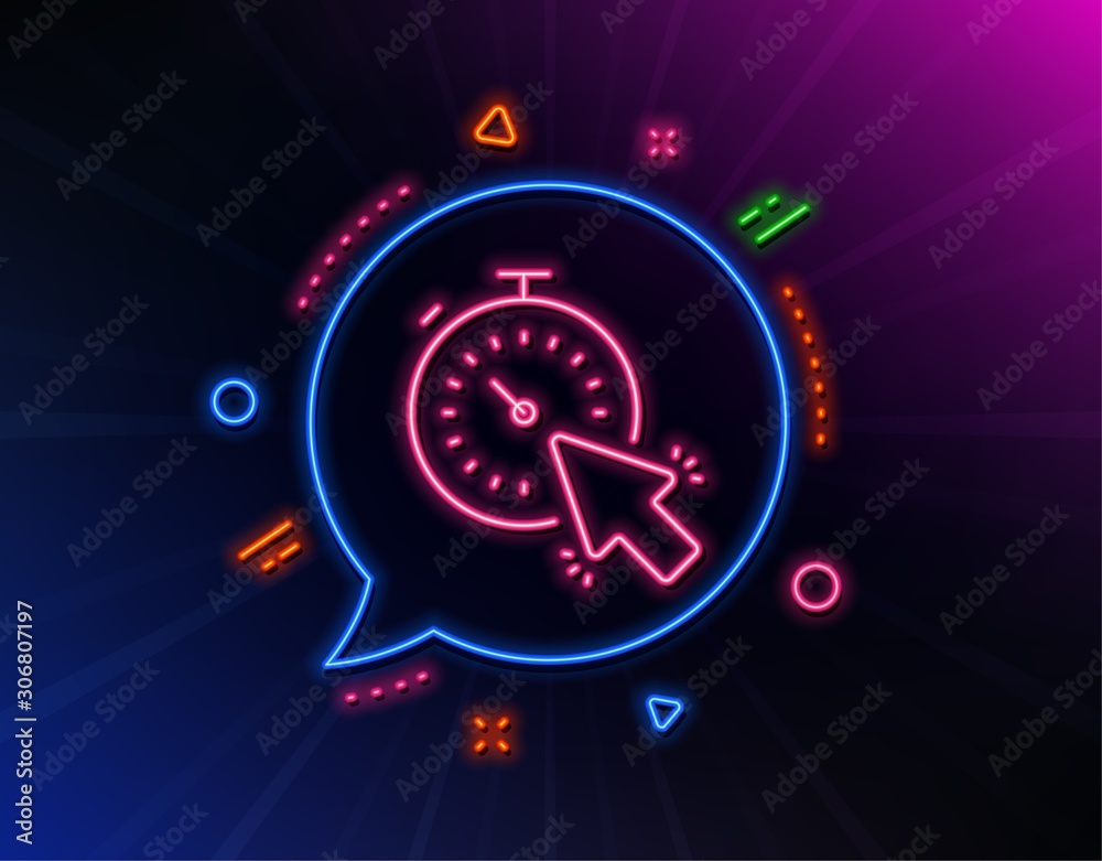 Timer line icon. Neon laser lights. Time or clock sign. Mouse cursor symbol. Glow laser speech bubble. Neon lights chat bubble. Banner badge with timer icon. Vector