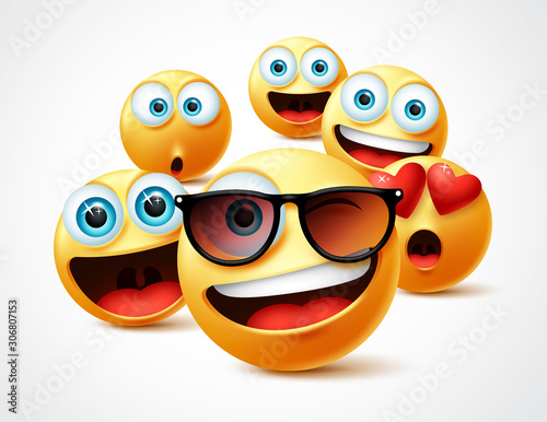 Smileys emojis famous celebrity vector concept. Famous smiley emoticon yellow faces group in 3d realistic avatar with cute, funny, excited, happy and smiling expression in white background.  photo