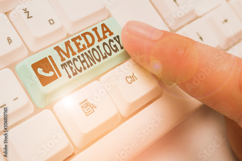 Text sign showing Media Technology. Business photo showcasing process of huanalysis origin that used to convey media photo