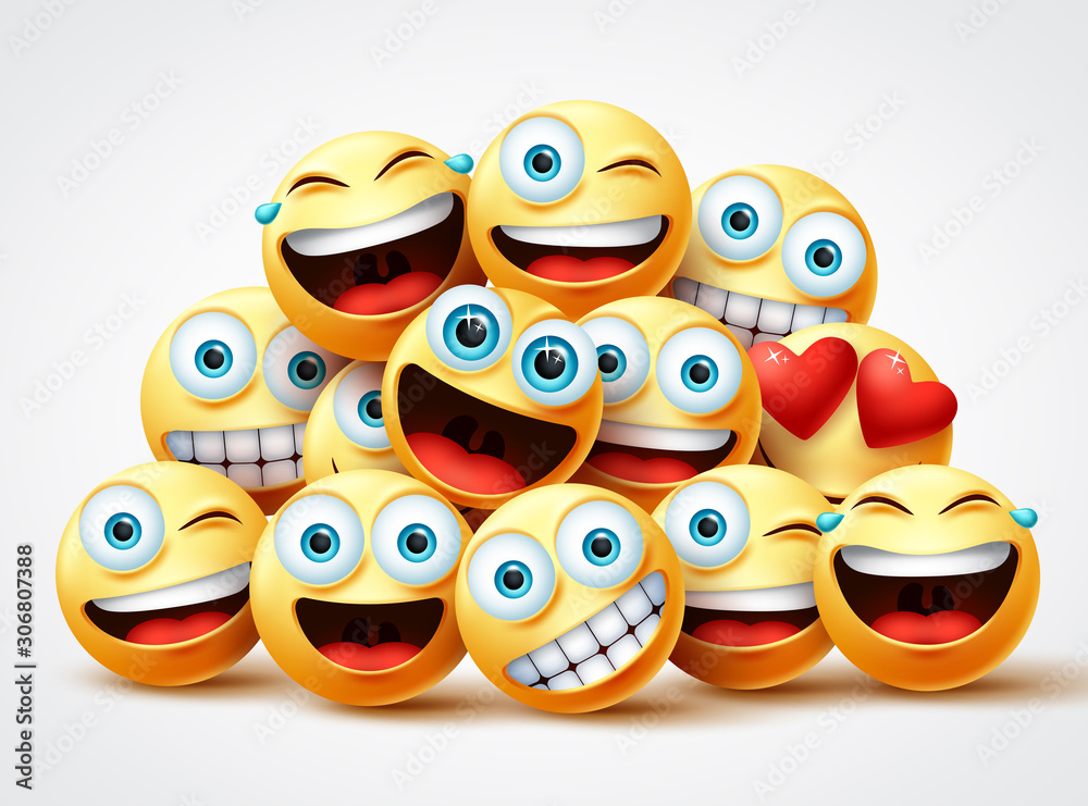 Smiley emoji faces group vector design. Smileys emojis yellow circle face  group with cute, laughing, funny, surprise and happy emotions in white  background. Vector illustration. Stock Vector | Adobe Stock