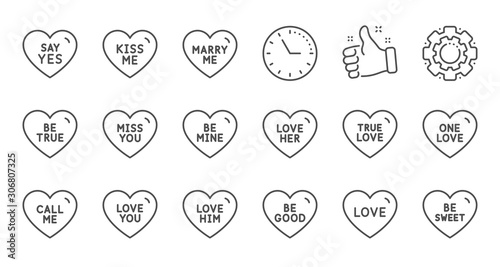 Sweet heart line icons. Sweetheart for valentines day, love heart, romantic message. Marry me, kiss me, one love icons. Valentine flirt, dating message. Linear set. Quality line set. Vector