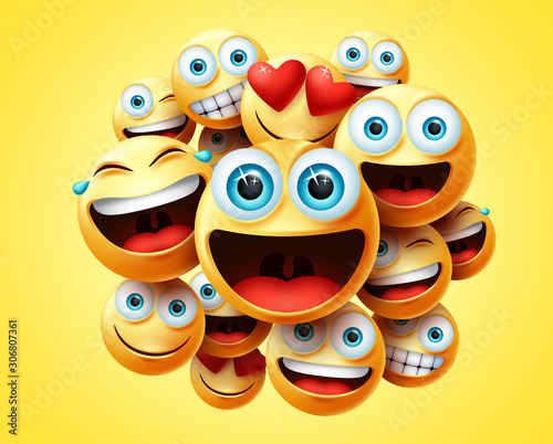 Smileys emoticons group vector design. Smileys emoticon cute faces group in excited, laughing, funny, happy and naughty feelings or mood for sign and symbol in yellow background. Vector illustration.