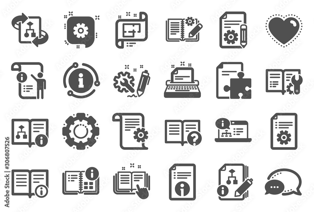 Technical document icons. Set of Instruction, Plan and Manual icons. Help document, Building plan and Algorithm symbols. Technical blueprint, Engineering instruction, Work tool, building. Vector