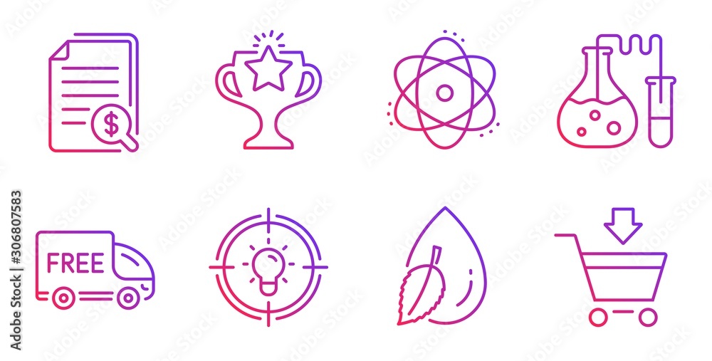 Free delivery, Victory and Idea line icons set. Chemistry lab, Water drop and Atom signs. Financial documents, Online market symbols. Shopping truck, Championship prize. Business set. Vector Free delivery, Victory and Idea line icons set. Chemistry lab, Water drop and Atom signs. Financial documents, Online market symbols. Shopping truck, Championship prize. Business set. Vector
