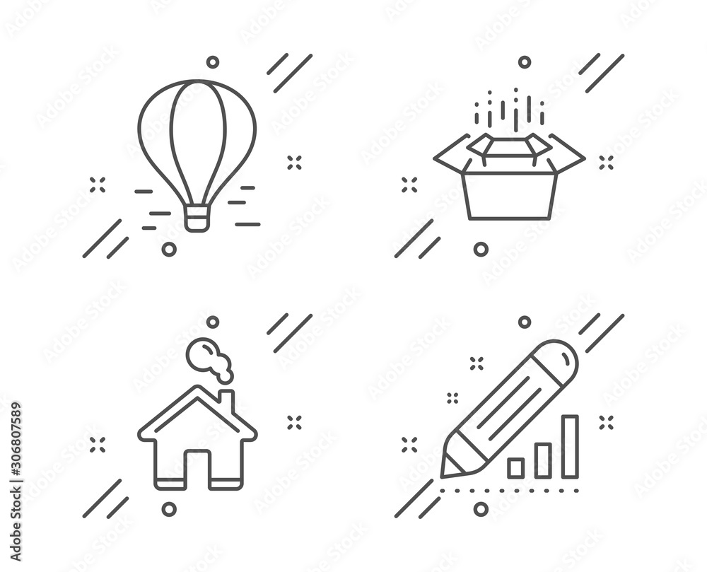 Air balloon, Home and Packing boxes line icons set. Edit statistics sign. Flight travel, House building, Delivery box. Seo manage. Technology set. Line air balloon outline icon. Vector