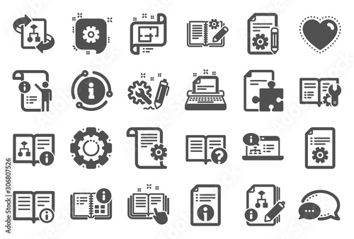 Technical document icons. Set of Instruction, Plan and Manual icons. Help document, Building plan and Algorithm symbols. Technical blueprint, Engineering instruction, Work tool, building. Vector