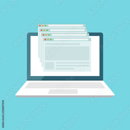 Laptop with open browser and floating windows, vector illustration