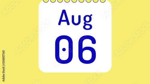 Animation of colorful monthly calendar for August with pages in motion of dates