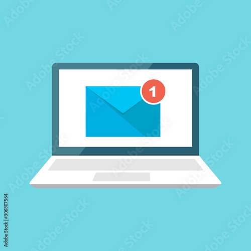 	 Email notification concept. New email on the laptop screen. Vector illustration in flat style.