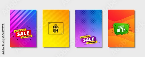 Up to 80% off Sale. Cover design, banner badge. Discount offer price sign. Special offer symbol. Save 80 percentages. Poster template. Sale, hot offer discount. Flyer or cover background. Vector
