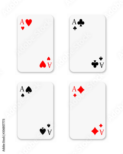 Set of four aces playing cards suits on white background. Winning poker hand.