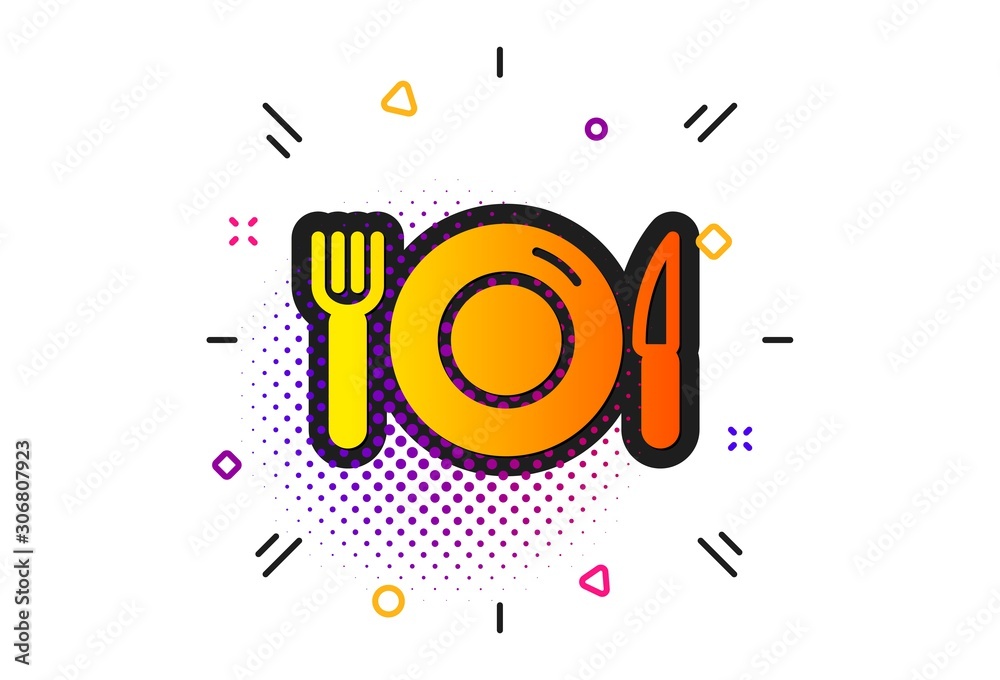Obraz premium Restaurant sign. Halftone circles pattern. Food icon. Fork, knife and plate symbol. Classic flat food icon. Vector