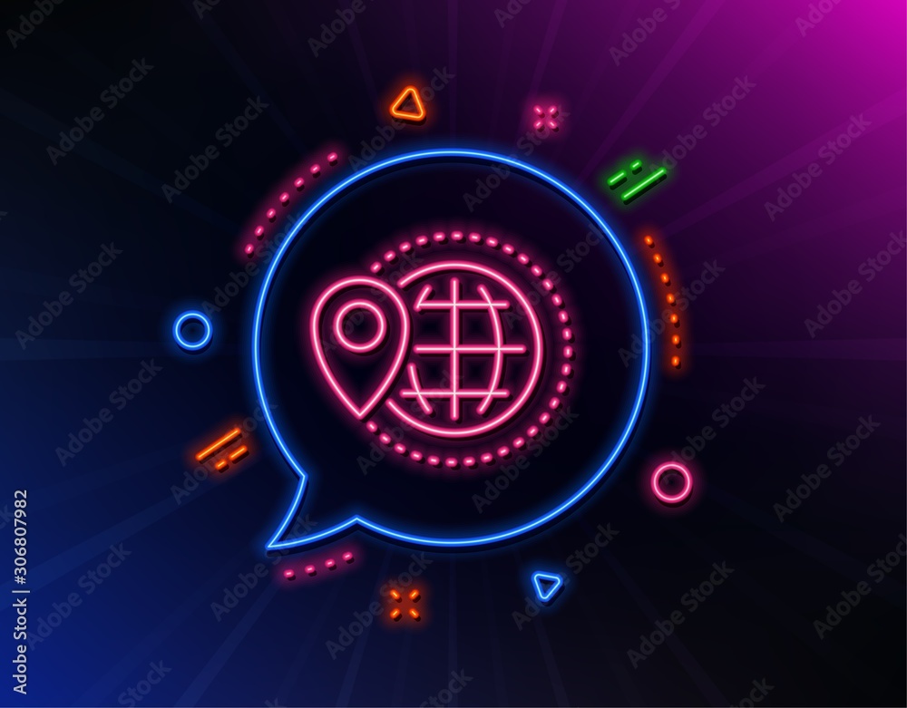 World travel line icon. Neon laser lights. Trip globe sign. Map location pointer symbol. Glow laser speech bubble. Neon lights chat bubble. Banner badge with world travel icon. Vector