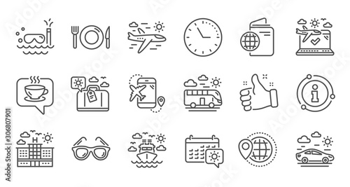 Travel line icons. Passport, Luggage and Check in airport. Sunglasses linear icon set. Quality line set. Vector
