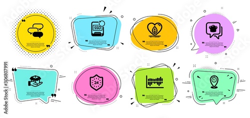 Hold box, 24 hours and Timer line icons set. Chat bubbles with quotes. Talk bubble, Cooking hat and Recovery ssd signs. Column diagram, Local grown symbols. Delivery parcel, Protection. Vector