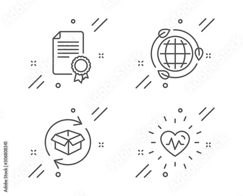 Certificate, Eco energy and Return parcel line icons set. Heartbeat sign. Diploma, Ecology, Exchange of goods. Medical heart. Business set. Line certificate outline icon. Vector