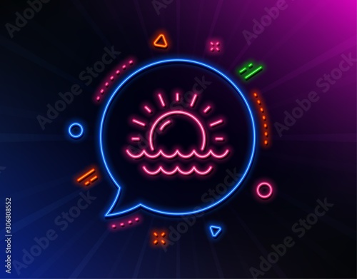 Sunny weather forecast line icon. Neon laser lights. Summer sun sign. Sunset with waves. Glow laser speech bubble. Neon lights chat bubble. Banner badge with sunset icon. Vector