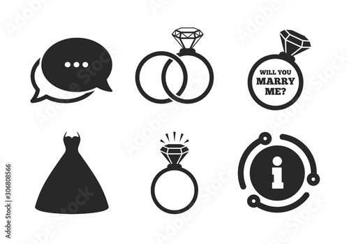 Bride and groom rings symbol. Chat, info sign. Wedding dress icon. Wedding or engagement day ring shine with diamond sign. Will you marry me? Classic style speech bubble icon. Vector