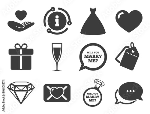 Love oath letter, gift box and brilliant signs. Discount offer tag, chat, info icon. Wedding, engagement icons. Dress, heart and champagne glass symbols. Classic style signs set. Vector