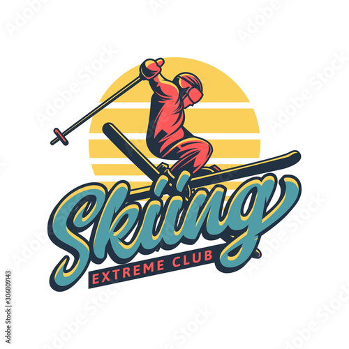 skiing extreme club t shirt design illustration skier jump in vintage design retro