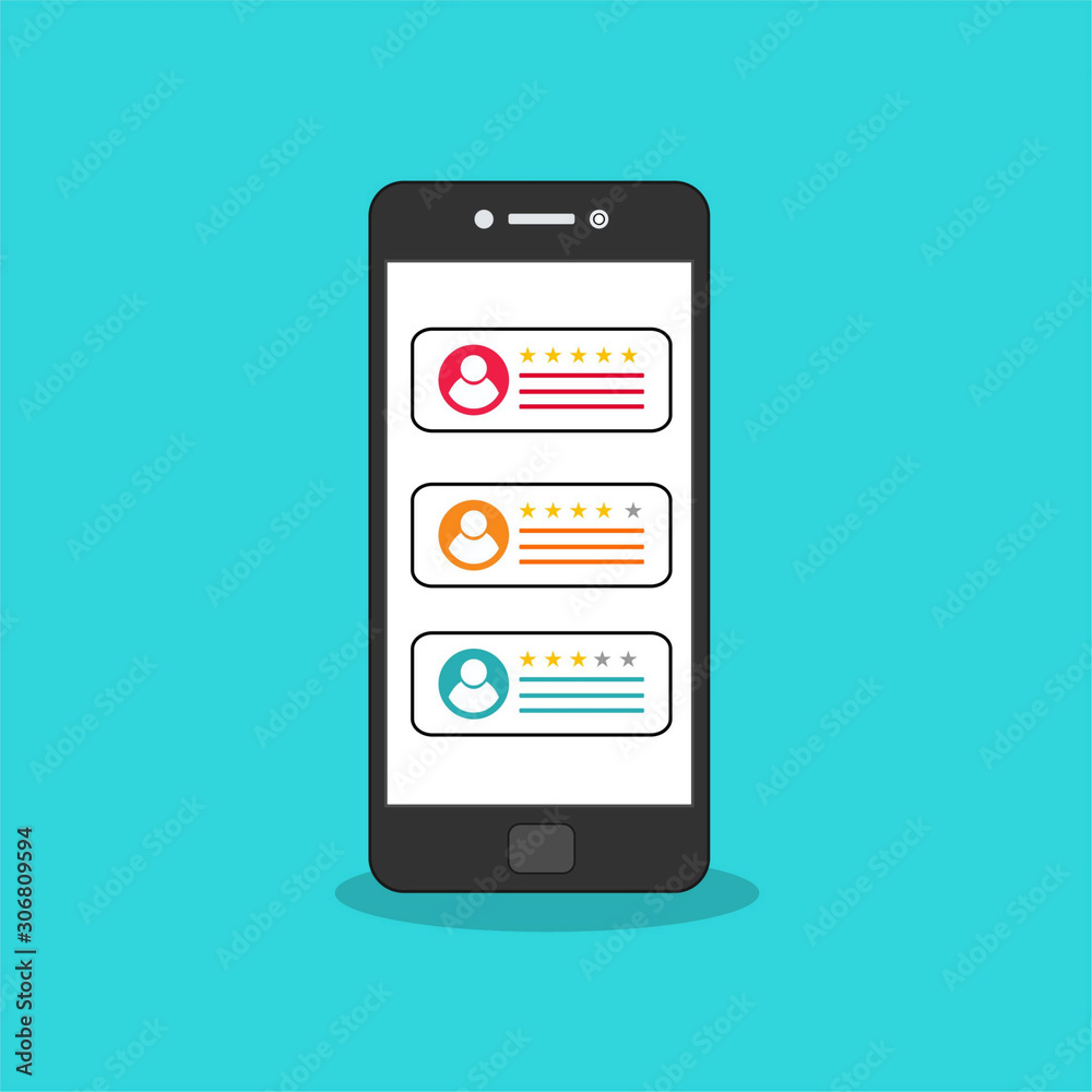 Review rating bubble speeches on mobile phone vector illustration, flat style smartphone reviews stars with good and bad rate and text, concept of testimonials messages, notifications, feedback Review rating bubble speeches on mobile phone vector illustration, flat style smartphone reviews stars with good and bad rate and text, concept of testimonials messages, notifications, feedback