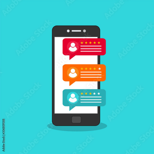 Review rating bubble speeches on mobile phone vector illustration, flat style smartphone reviews stars with good and bad rate and text, concept of testimonials messages, notifications, feedback