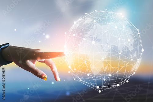 Businesswoman touching in with global connection concept. technology concept